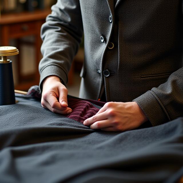 Master tailor meticulously adjusting fabric on a bespoke suit jacket, emphasizing craftsmanship and attention to detail.