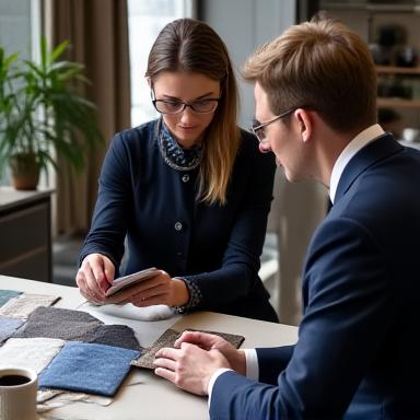 Professional stylist reviewing fabric swatches with a client, advising on color and texture for a new wardrobe.